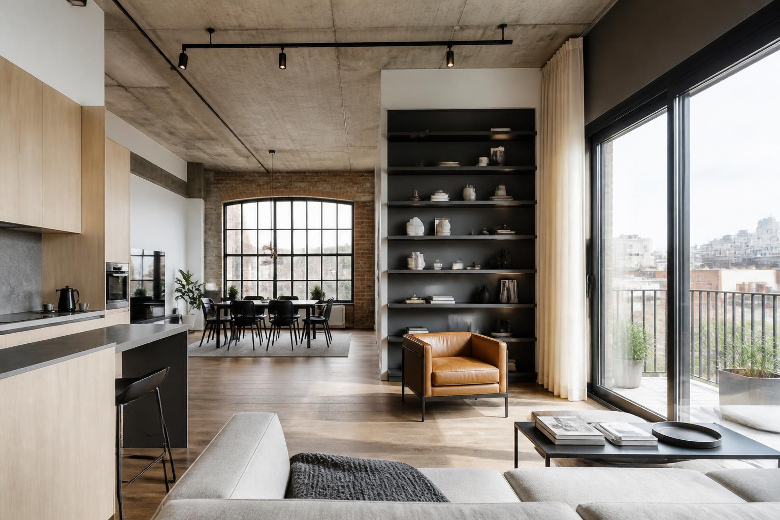 Professional interior photography of a лофт интерьер, нейтральный tones, natural daylight, wide angle, magazine quality