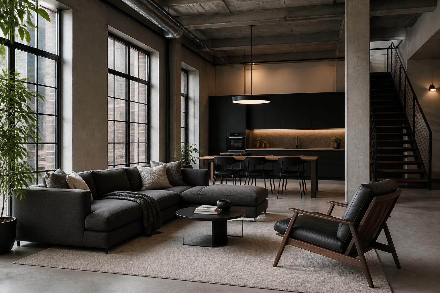 Modern интерьер in лофт style, нейтральный color palette, minimalist furniture, clean lines, professional photo