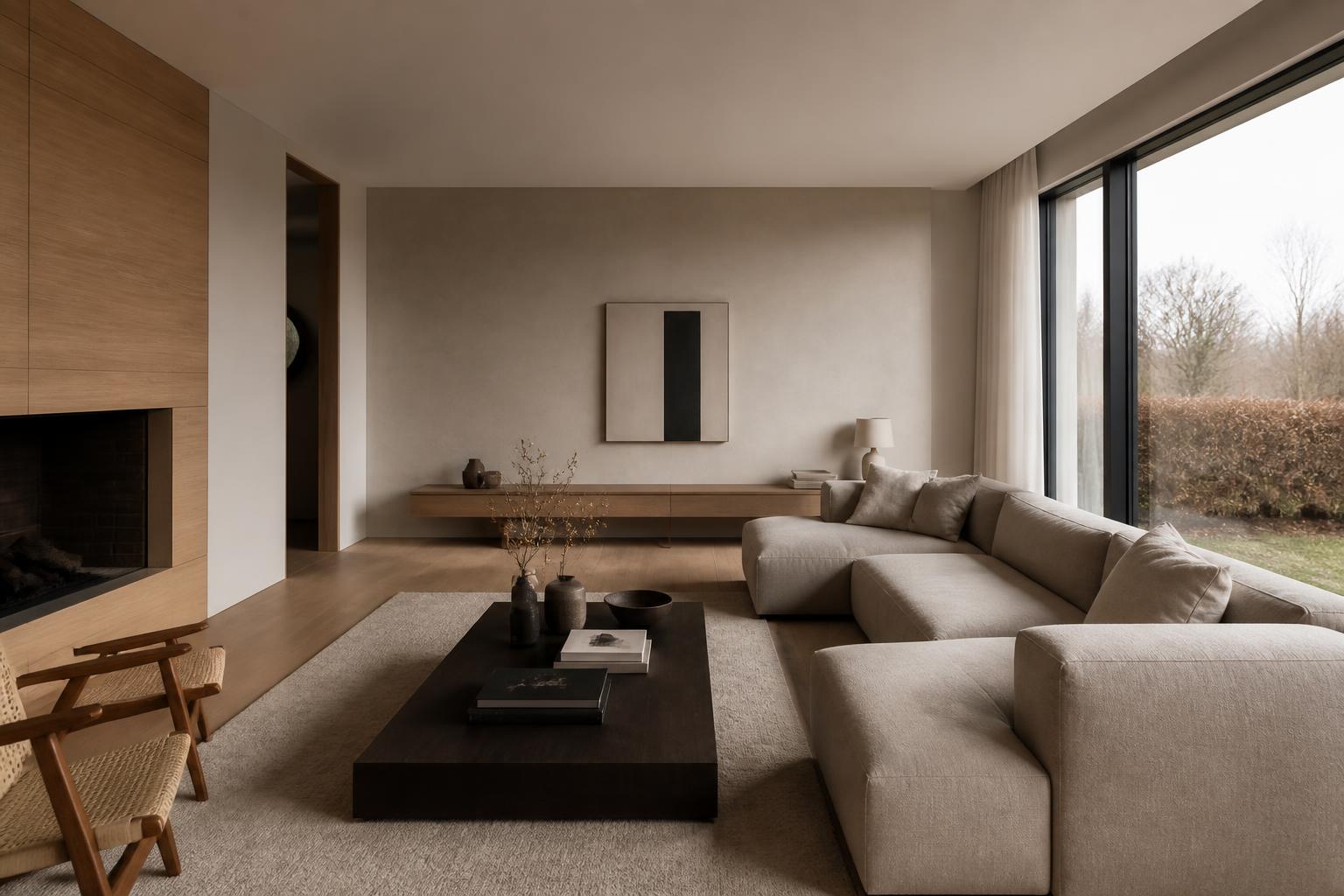 Professional interior photography of a минимализм интерьер, нейтральный tones, natural daylight, wide angle, magazine quality