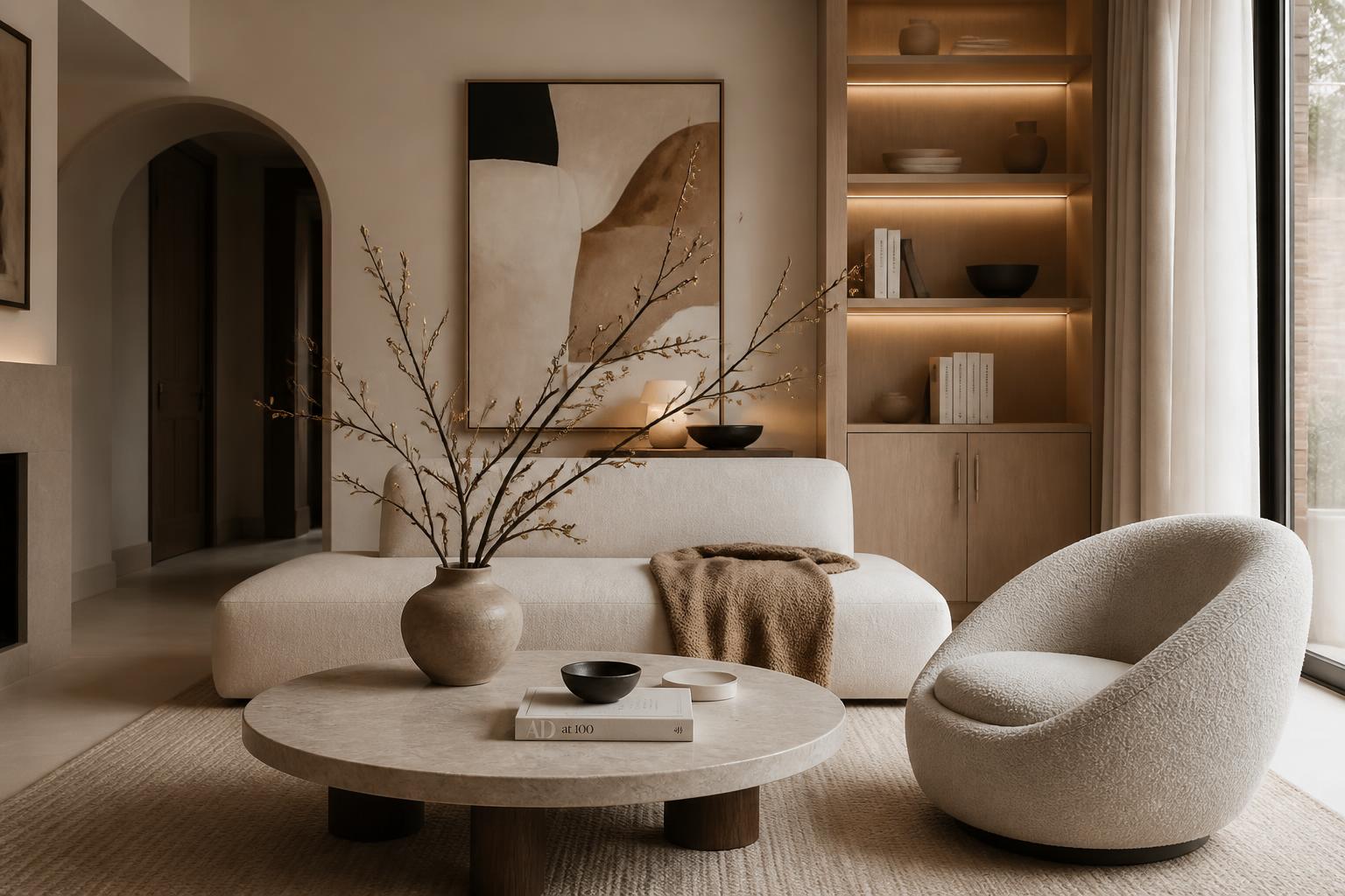 Cozy минимализм интерьер interior design, soft textures, warm lighting, architectural digest style, 8k