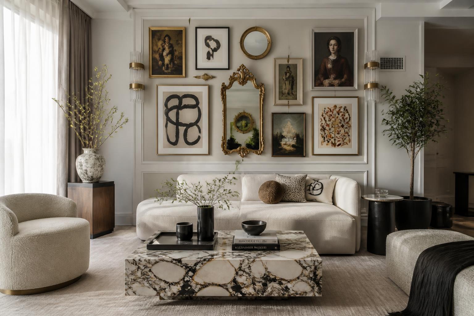 Modern интерьер in максимализм style, нейтральный color palette, minimalist furniture, clean lines, professional photo